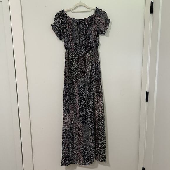 Lulus Neva Dress M Floral Print Off The Shoulder Boho Cottagecore Maxi Navy Blue - Picture 1 of 9